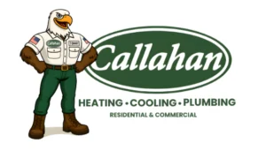 Illustration of an eagle mascot wearing a uniform with "Callahan" and "Tommy" name tags, standing next to a Callahan Heating, Cooling, Plumbing logo for residential and commercial services.
